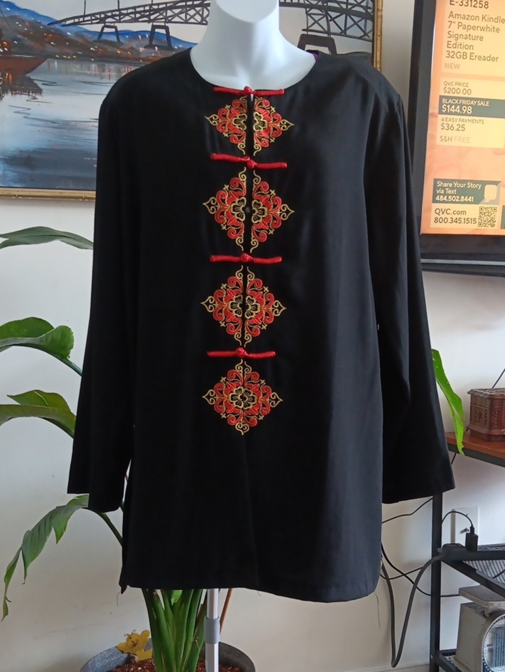 Miss Saigon Black Embroidered Mandarin-Style Jacket - Red & Gold Accents